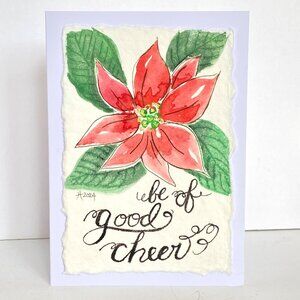 Good Cheer Poinsettia Christmas Blank Greeting Card Original Handmade Watercolor